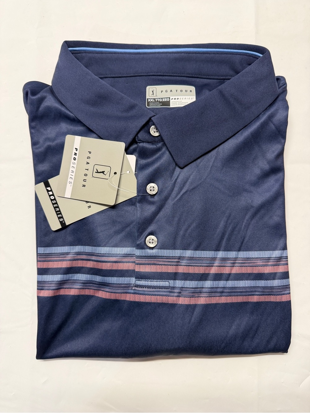 PGA‎ Tour Navy Polo with Light Blue and Pink Stripes